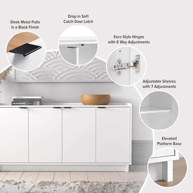 Prepac Simply Modern 4 Door Console Table with Storage, White Storage Cabinet with Doors and Shelves, Sideboard Storage Cabinet 60" W x 30" H x 16" D, WCBG-1820-1