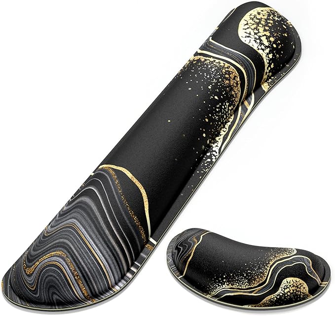 Dapesuom Enlarge Keyboard Wrist Rest, Memory Foam Wrist Cushion for Desk Mats Support, Marble Pain Relief Keyboard Mouse Pad Rests Set with Non-Slip Base for Gaming Laptop Office Computer, Black Gold