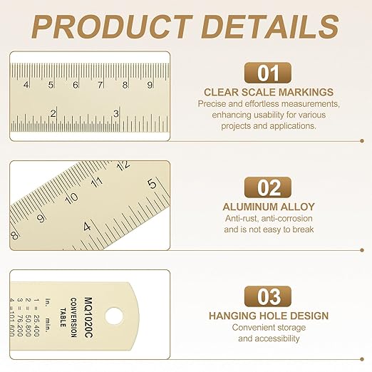 HARFINGTON 6pcs Metal Straight Ruler 30cm Metric SAE Aluminum Alloy Measuring Rulers Scale Tool with Hole for Measure Study Reading Classroom Office, White