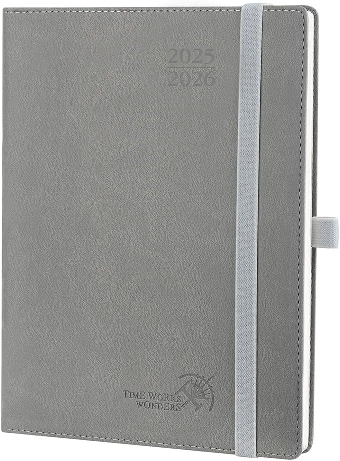 POPRUN Planner 2025-2026 (Medium - 6.5'' x 8.5'') Academic Weekly Calendar (July 2025 - June 2026) with Hourly Time Slots, Monthly Tabs, 100GSM Thick Papers, Leather Soft Cover - Grey