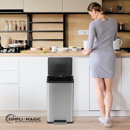 SIMPLI-MAGIC 50 Liter / 13.2 Gallon Soft-Close, Smudge Resistant Trash Can with Foot Pedal and Built in Filter- Stainless Steel, Sleek Finish