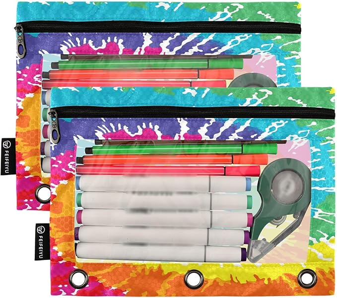 ALAZA Pencil Pouch for 3 Ring Binder, Tie Dye Binder Pencil Pouches with Clear Window Zipper Pencil Case Cosmetic Bags for Office College Supplies, 2PCS