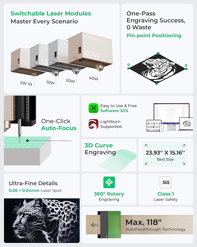 xTool S1 Laser Engraver and Cutter Machine with Air Assist & Honeycomb, 23.93" x 15.16" Bed Size, Beginner-friendly, Class 1 Safety Laser Engravering Machine for Wood and Metal, Acrylic - Basic Bundle