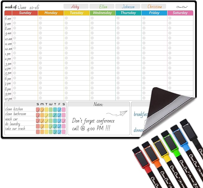 Magnetic Dry Erase Weekly Calendar for Fridge - Large 17"x12" Magnetic Weekly Planning Board with Hourly Time Slots - 6 Extra Fine Point Markers Included