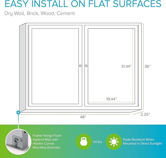 Ghent 36" x 48" 2-Door indoor Enclosed Recycled Rubber Bulletin Board, Shatter Resistant, with Lock, Satin Aluminum Frame,Black (PA234TR-BK) ,Made in the USA