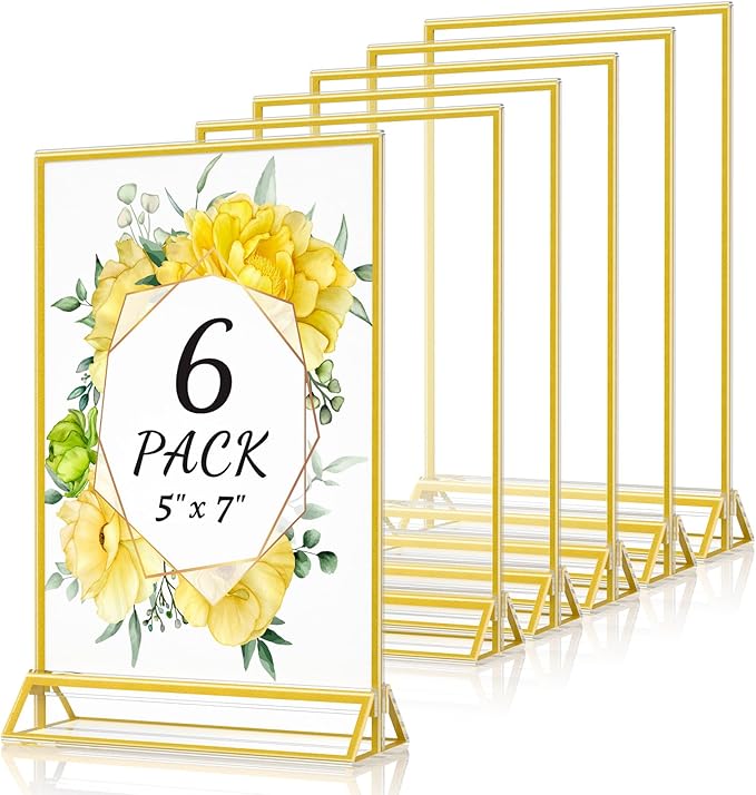5 x 7 Acrylic Sign Holder - Double Sided Gold Picture Frame - Tabletop Display Menu Stand - Clear Plastic T Shape Vertical Paper Holders - 6 Pack