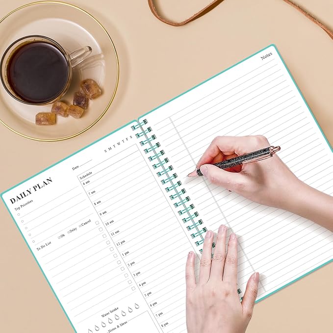 Daily Planner Undated - B5 To Do List Notebook Hourly Schedules, Spiral Appointment Planner for Women and Men, PVC Hardcover, Inner Pocket, Elastic Closure, 7" x 10", Teal