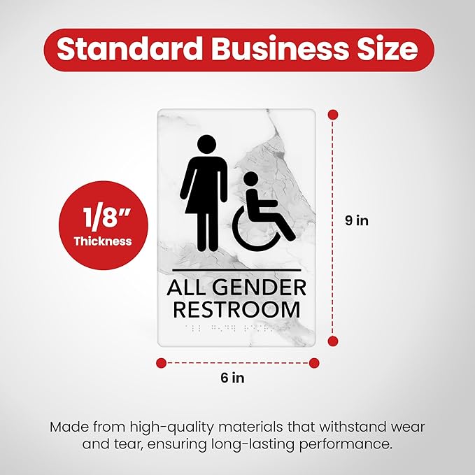 Promot All Gender Handicap Bathroom Sign – ADA Braille Restroom Sign for Business, Self-Adhesive, 9" x 6", Commercial Door Signage, Office Wall Decor - Marble Quartz