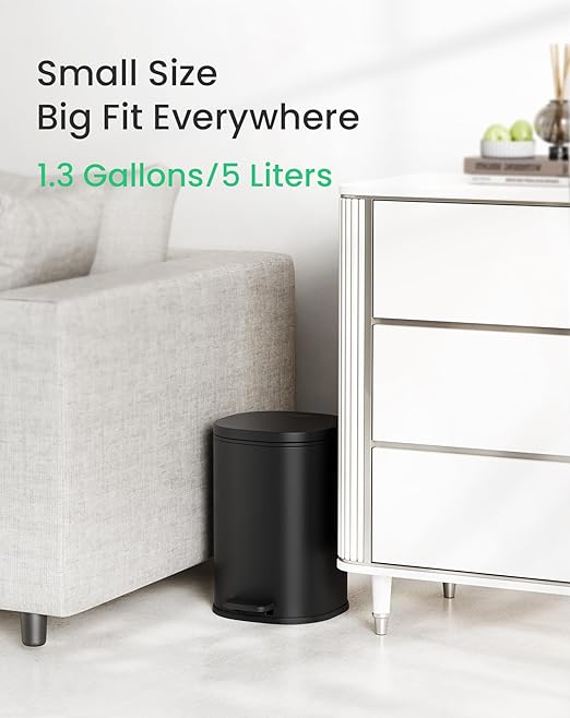 Cesun Black Bathroom Trash Can with Lid, 1.3 Gallon Small Garbage Can with Foot Pedal, Metal Round Wastebasket for Bathroom, Bedroom, Office, Matte Black