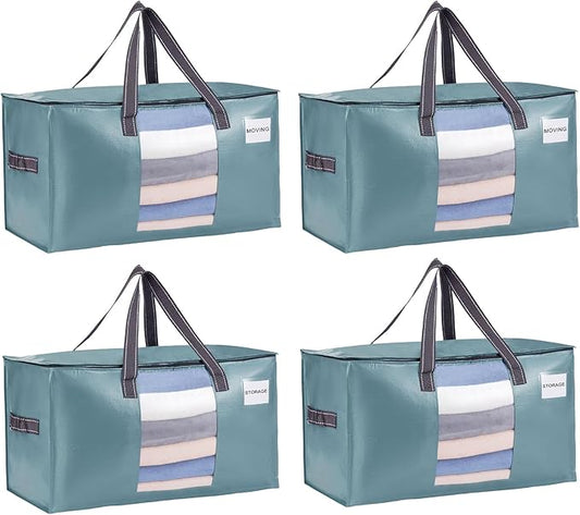 VENO 4 Pack Moving Bags, Comforter and Blanket Storage Bags for Closet, Moving Boxes, Boxes with Lids Alternative, College Dorm Packing Supplies, Foldable Heavy-Duty Tote (Shiny Light Blue, 4 Pack)