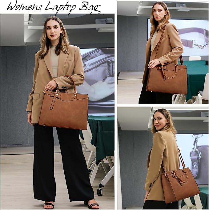 RAINSMORE Laptop Bag for Women 15.6 Inch PU Leather Laptop Tote Bag Professional Business Office Briefcase Waterproof Work Bag Computer Tote Bag Large Lightweight Handbag Shoulder Bag