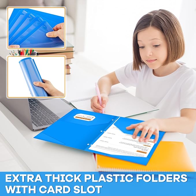 Henoyso 36 Pcs 2 Pocket Plastic Folders with Clear Front Pocket 3 Hole Punched File Folder Letter Size Take Home Documents Holder for Paper Holder Office Business Back to School Supply (Blue)