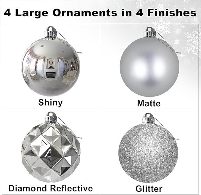 Silver 4.0" Large Christmas Balls - Christmas Tree Decoration Ornaments Shatterproof Hanging Balls for Birthday Halloween Holiday Wedding Decorations Set of 4pcs