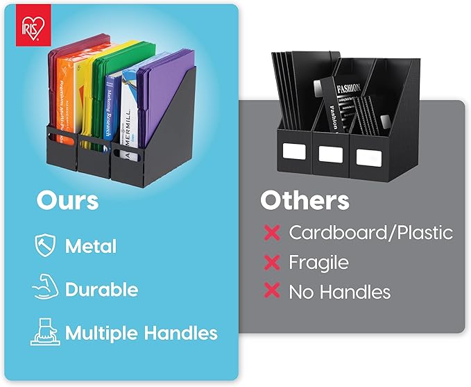 IRIS USA Metal Magazine File Holders, 6 Pack, for Letter/Legal File, Durable Vertical Desktop File Paper Organizer, File Storage Box Stand Rack for Document Notebook Binder Home Work Office, Black