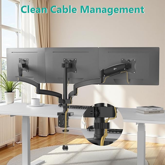 WALI Triple Monitor Mount, 3 Monitor Desk Mount with Premium Gas Spring Arm for Screens up to 27 inch, Multiple Monitors Stand with Tilt, Swivel, Rotation, Mounting Holes 75/100 mm, Black