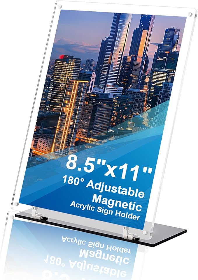 8.5"x11" Acrylic Sign Holder, 180° Adjustable Magnetic Code Sign Menu Stand, Double-Sided Clear Table Paper Display Holder For Office, Store, Restaurant