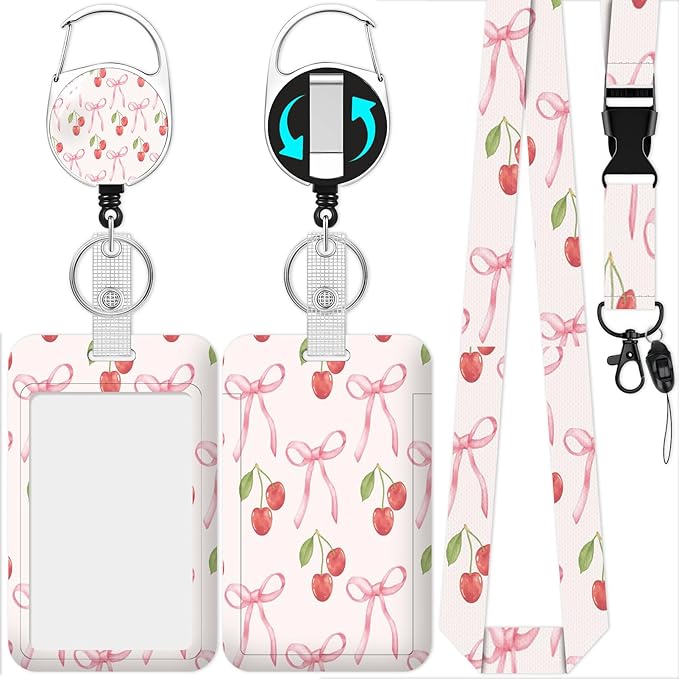 Bow Lanyard with Id Holder, Cute ID Badge Holder with Retractable Lanyard, ID Holder with Badge Reel Clips,Name Tag ID Card Holder Teacher Women Doctor Office Gift