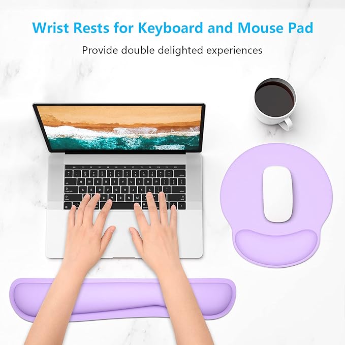 Dapesuom Keyboard Wrist Rest and Mouse Pad with Wrist Support, Cute Memory Foam Cushion for Keyboard and Mouse Set, Ergonomic Pad Rests with Non Slip Base for Easy Typing & Pain Relief, Vanilla Purple