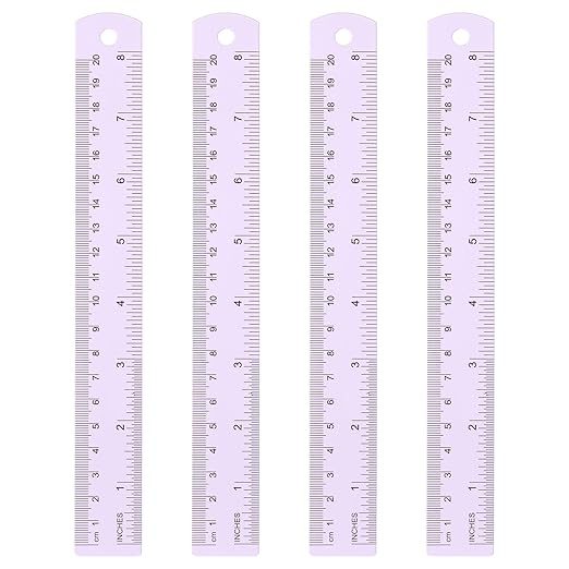 HARFINGTON 4pcs Metal Straight Ruler 20cm Metric SAE Aluminum Alloy Measuring Rulers Scale Tool with Hole for Measure Study Reading Classroom Office, Purple