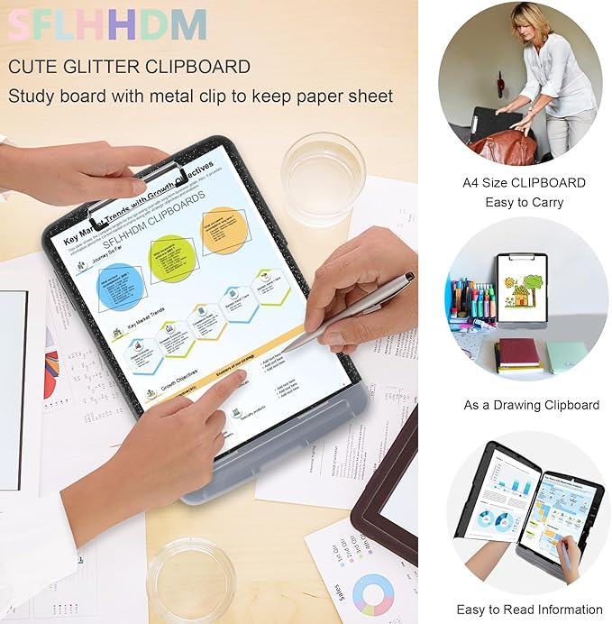 Glitter Clipboard with Storage,Storage Clipboard with Pen Holder,A4 Binder Clip Boards 8.5x11 with Low Profile Clip,Side Opening Sparkle Clipboards, Clipboards Folder for Office Supplies-Starry Black