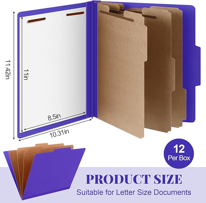 Skyygemm 12 Pcs Classification Folders Letter Size, 3 Divider Pressboard File Folder with Fasteners, Expanding File Organizer Bulk for Teachers, Clergy, Office, Church, Christmas Donations (Purple)