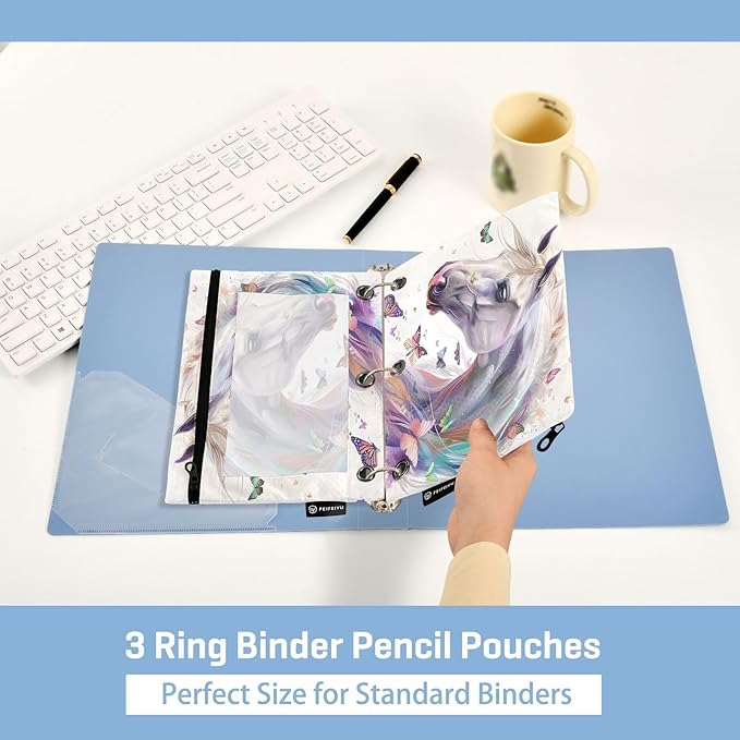 White Horse Butterflies Pencil Pouch for 3 Ring Binder, 2 Pack Waterproof Pencil Bags Clear Window Zipper School Office Supplies