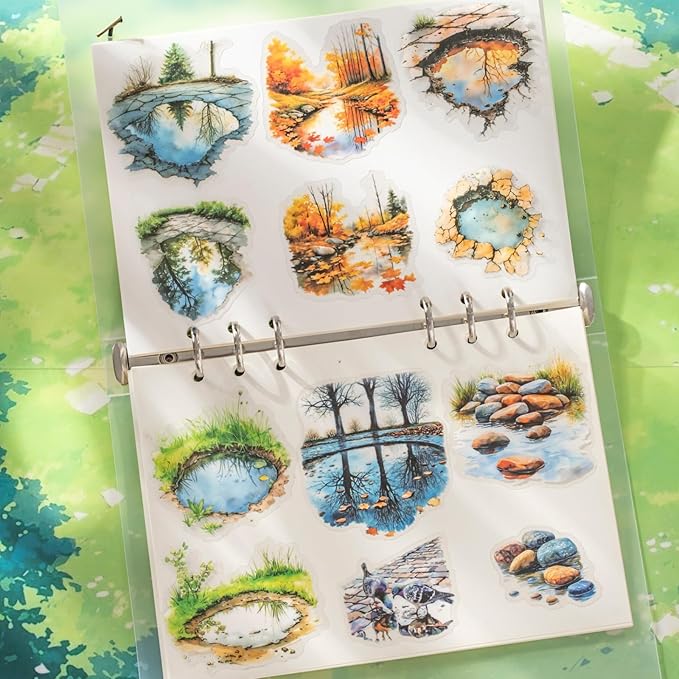 60 Pieces Aesthetic Landscape Creation PET Sticker Set, 6 Pack Vintage Puddles Scenery PET Stickers for Scrapbooking, Journaling, Waterproof DIY Crafts, and Junk Journal