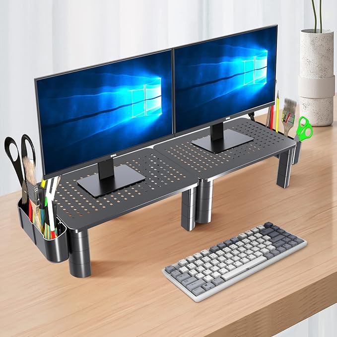 Pholiten 2 Pack Monitor Stand Riser, 3 Height Adjustable Monitor Stand， Flat Screen TV Monitor Stand Riser, Sturdy Metal Laptop Computer Monitor Stand Shelf for Printer, iMac,Premium Metal Monitor Risers for 2 Monitors
