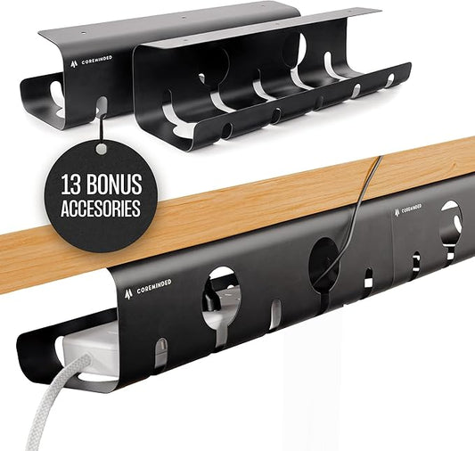 No-Drill Under Desk Cable Management Tray - 2-Pack Wire & Cord Organizer - Standing Desk Cable Management - Power Strip Holder - M