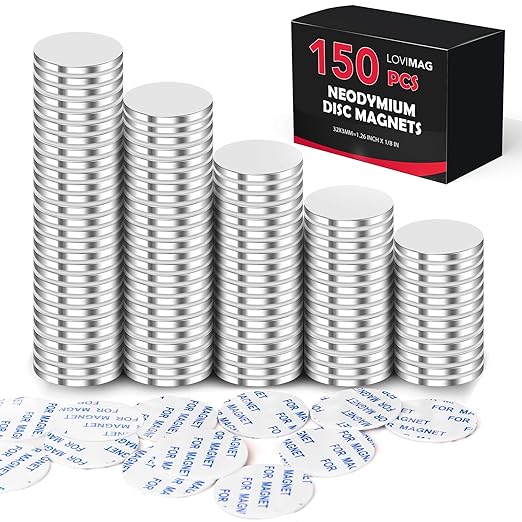 LOVIMAG Super Strong Neodymium Disc Magnets, Powerful Rare Earth Magnets with Double-Sided Adhesive for Fridge, DIY, Building, Scientific, Craft, and Office - 1.26 inch x 1/8 inch, Pack of 150