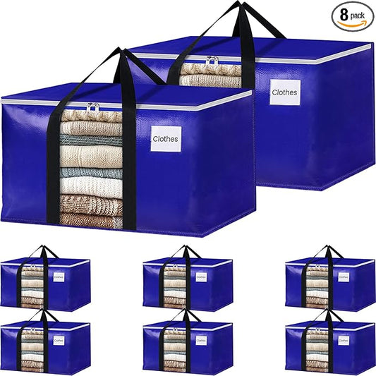 BlissTotes 8 Pack Moving Bags with Clear Window, Storage Bags with Strong Carrying Handles & Zippers,Large Packing Bags for Saving Space, Alternative to Moving Boxes(Blue,33 Gallon)