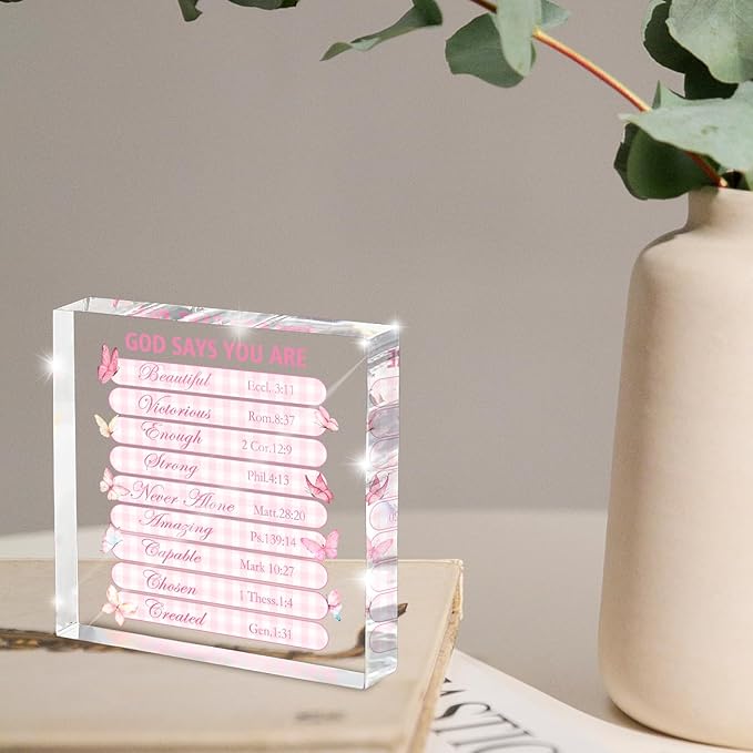Pink Christian Wall Decor - 4x4 Inch Acrylic Scripture Sign with Butterfly Graphic, Inspirational Bible Verses for Bedroom and Office, Faith-Based Gift for Women