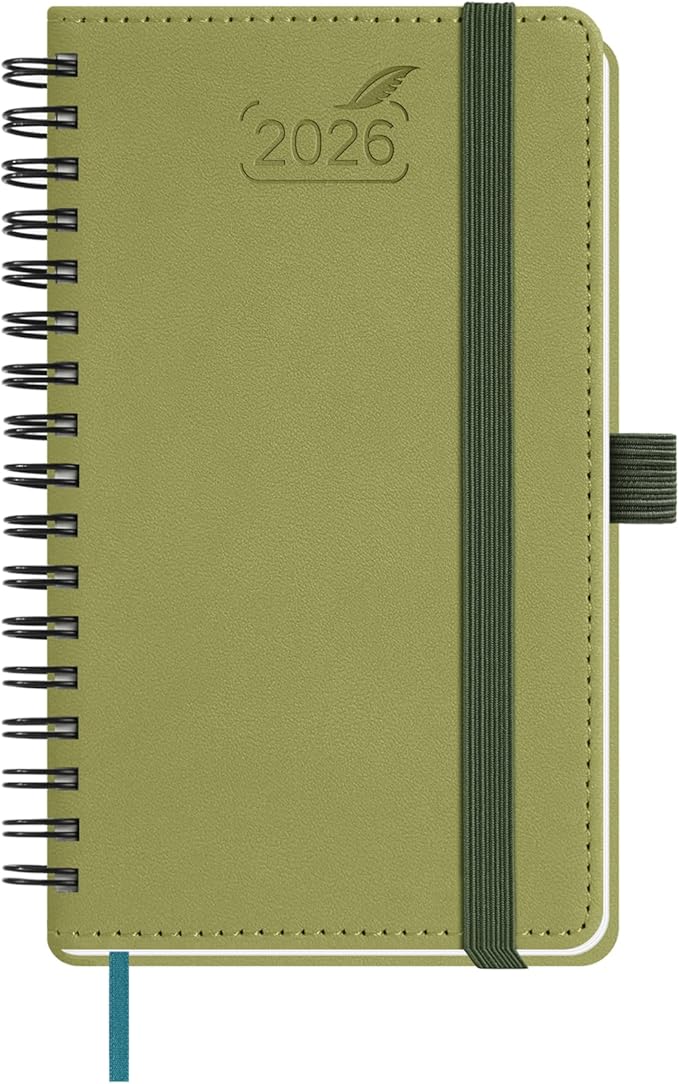 BEZEND Pocket Calendar 2026 Weekly and Monthly (3.5" x 6" Spiral) Small Daily Planner for Purse (Jan-Dec) with Notes & Expenses, Inner Pocket, Pen Holder, Vegan Leather Softcover - Kiwi