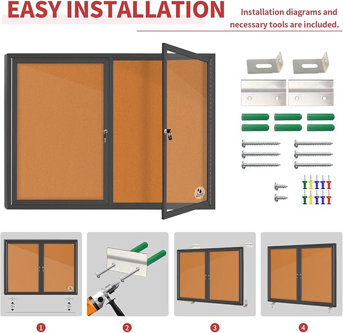 Enclosed Bulletin Board Lockable,Double-Door Weatherproof Outdoor Noticeboard with Locking Door, Wall-Mounted Aluminum Framed Presentation Board, 44x32 Inch (8xA4)