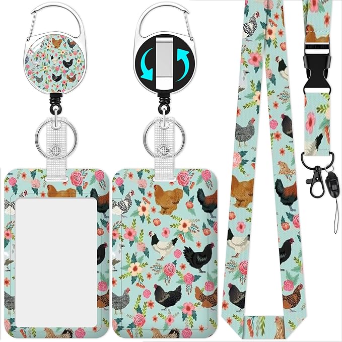Floral Chickens Badge Holder Reel Lanyard,ID Card Badge Holder Retractable Name Tag Clips for Doctor Nurse Teacher Office Student