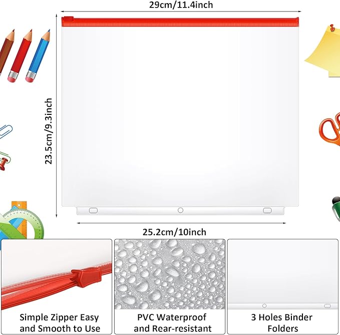 40 Pieces Binder Pockets 3 Hole Zipper Pouch 3 Ring A4 Pockets with Zipper Binder Folders Plastic Pouches Loose Leaf Bags Waterproof PVC Document Filing Bag(Red,A4)