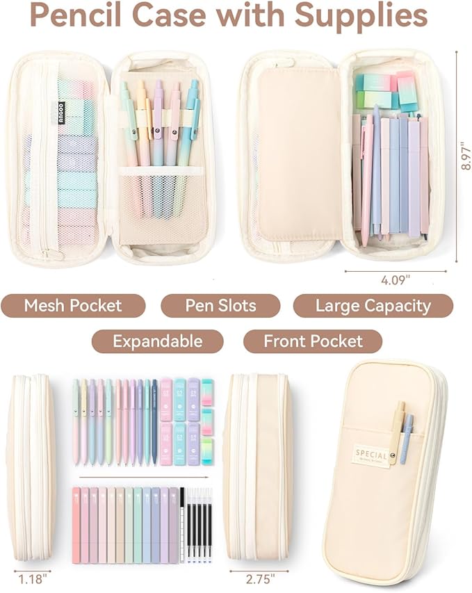 Four Candies 39 PCS Aesthetic School Supplies with Cute Pen Case, 12 Pastel Highlighters, 5 Black Ink Gel Pens, 6 Mechanical Pencils Set for Students Stationary College Essentials (Cream)
