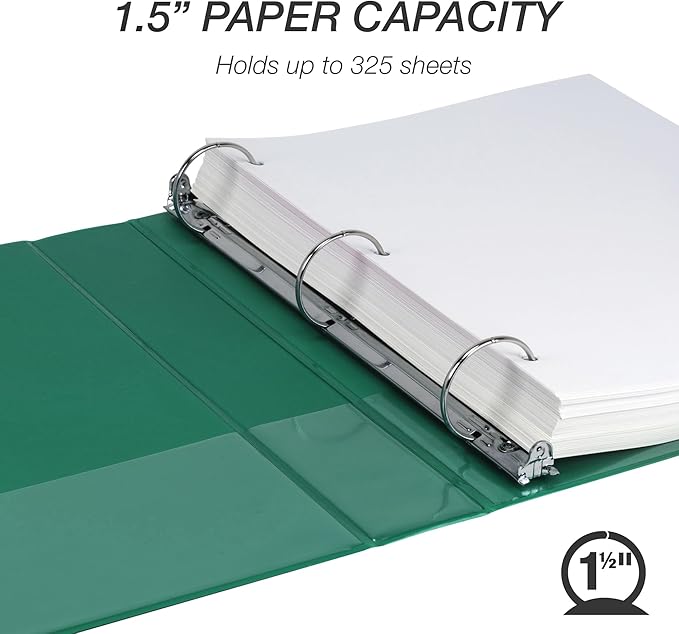 Samsill 1.5 Inch 3 Ring Binder, Made in USA, Economy Round Ring, Clear View Cover, 325 Sheet Capacity - for School, Home, Office - Forsest Green