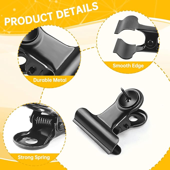 36 Pieces Black Push Pins Clips Metal Push Pin with Clips Black Pushpin Clip Bulldog Clip with Pins Thumb Tacks for Bulletin Board Cork Board Cubicle Wall for Classroom School Office