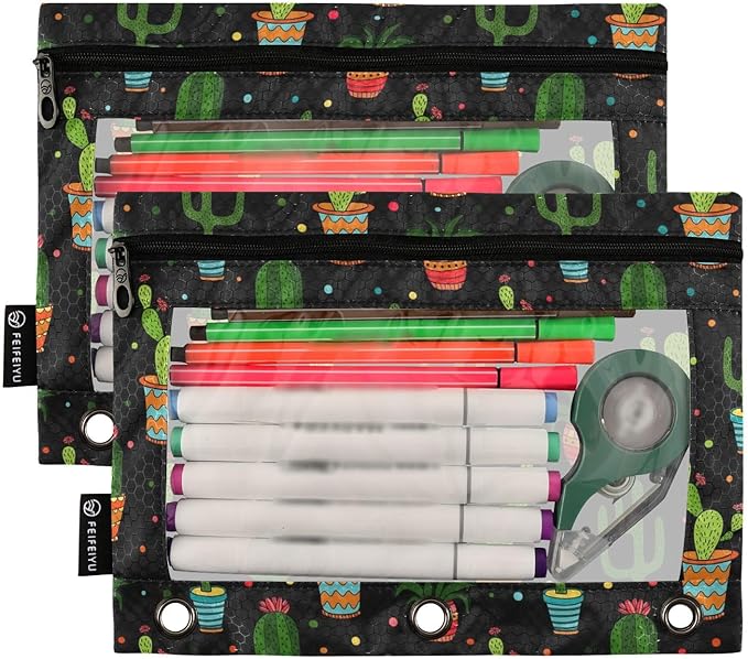 ZAZYXTJ Cactus Binder Pencil Pouchs 3 Ring with Zipper Clear Window Office Organizers bag for School Students Teacher Supplies 2 Pack