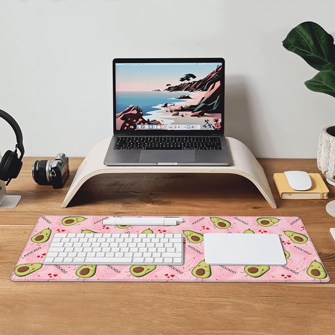 Famame Laptop Mouse Pad Cute Avocado Pink Palm Leaves Desk Mat with Stitched Edges 31.5X 11.8 inch Non-Slip Large Keyboard Rubber Writing Table Mat for Office Home