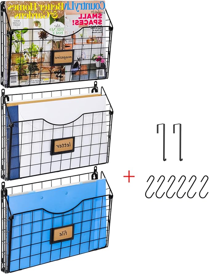 X-cosrack 3-Tier Hanging Wall Files Rack with Door Hooks and 6pcs S Shape Hooks, Over the Door File Organizer &Mounts on Wall Metal Folder, with Tag Slot Great for Office Home and Work- Black