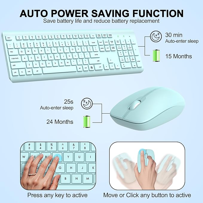 Wireless Keyboard and Mouse Combo, Full Size Silent Ergonomic Keyboard and Mouse, Long Battery Life, Optical Mouse, 2.4G Lag-Free Cordless Mice Keyboard for Computer, Mac, Laptop, PC, Windows(Green)