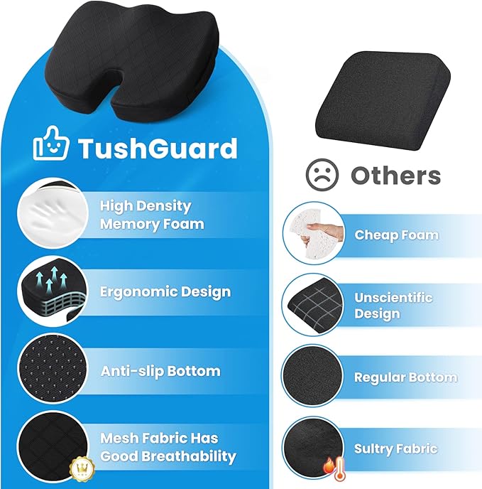 TushGuard Office/ Car Seat Cushion, Non-Slip Sciatica & Back Coccyx Tailbone Pain Relief Chair Pad, Memory Foam Butt Pillow for Computer Desk, Wheelchair, Driving (Black)