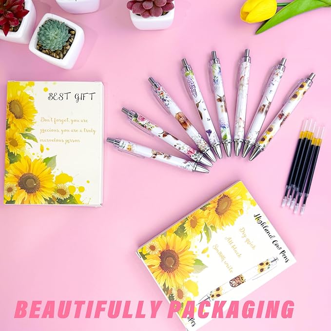 8PCS Highland Cow Print Pens with 5 Extra Black Refills Rustic Themed Party Gifts Office Decor Smooth Write Quick-Dry Ink Souvenir for Women Cute Ballpoint Pens for School Home Accessories Stationary