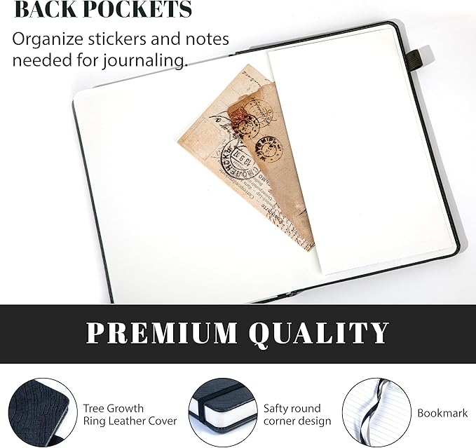 CAGIE Lined Journal for Men Women, Tree Growth Ring Leather Bound Journal Notebook, 256 Pages 100 GSM Journals for Writing, A5 Hardcover Journaling Notebooks for Work, Note Taking, Black