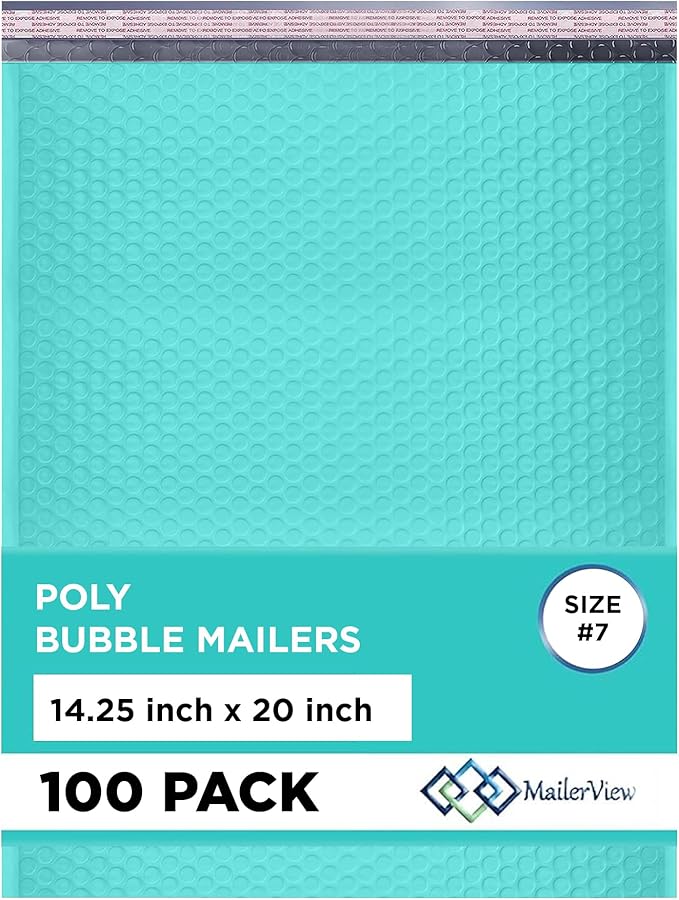 Teal Extra Large Poly Bubble Mailers 14.25x20 inch #7 | Self Seal Large Padded Envelopes | Air Cushioned Bubble Mailer | Usable Size 14.25x19 Lightweight Mailing Shipping Bags| 100 Pack Bulk