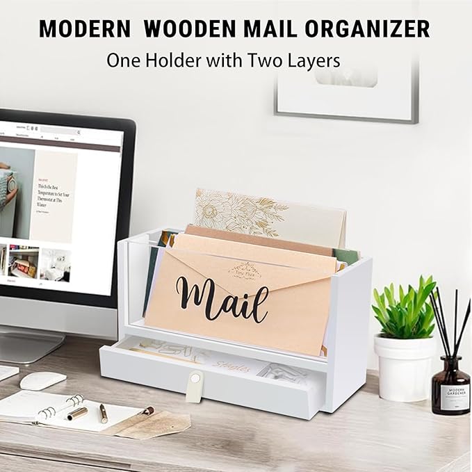 Two-Layer Solid Wooden Mail Storage Organizer Holder with Clear Acrylic Top and Bottom Drawer, Leather Handle, Keeping Mail, Bills, Letters, Cards and Office Supplies in One Place, Home Decor Gifts