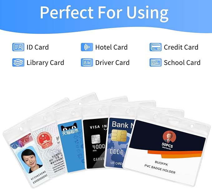 50 pcs Clear Horizontal ID Badge Holder, Waterproof Plastic Name Tag Sleeve with Resealable Zip, 2.44" x 3.7"Card Protector for Nurse, Teacher, Student, Office, School Use