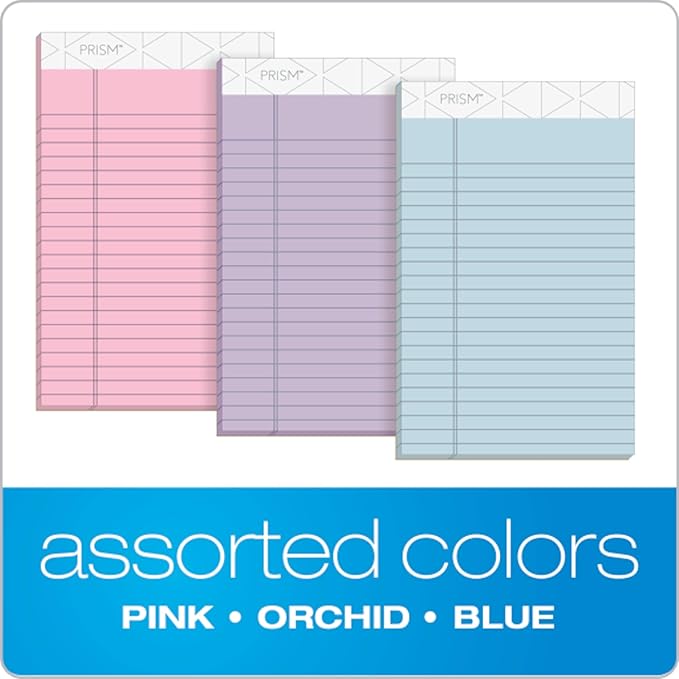 TOPS 5 x 8 Legal Pads, 6 Pack, Prism Brand, 2 Pink/2 Blue/2 Purple, Narrow Ruled, 50 Sheets Per Writing Pad, Made in USA (63016)